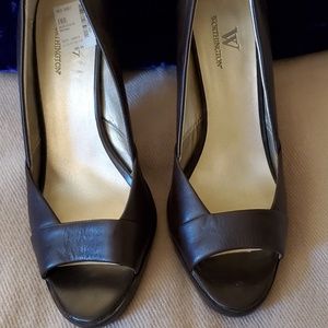 Brown open toe pumps